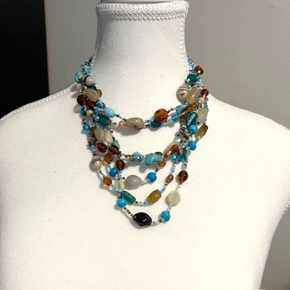 Multistrand Blue Multicolored Crystal Beads Statement Bib Necklace - Picture 3 of 8